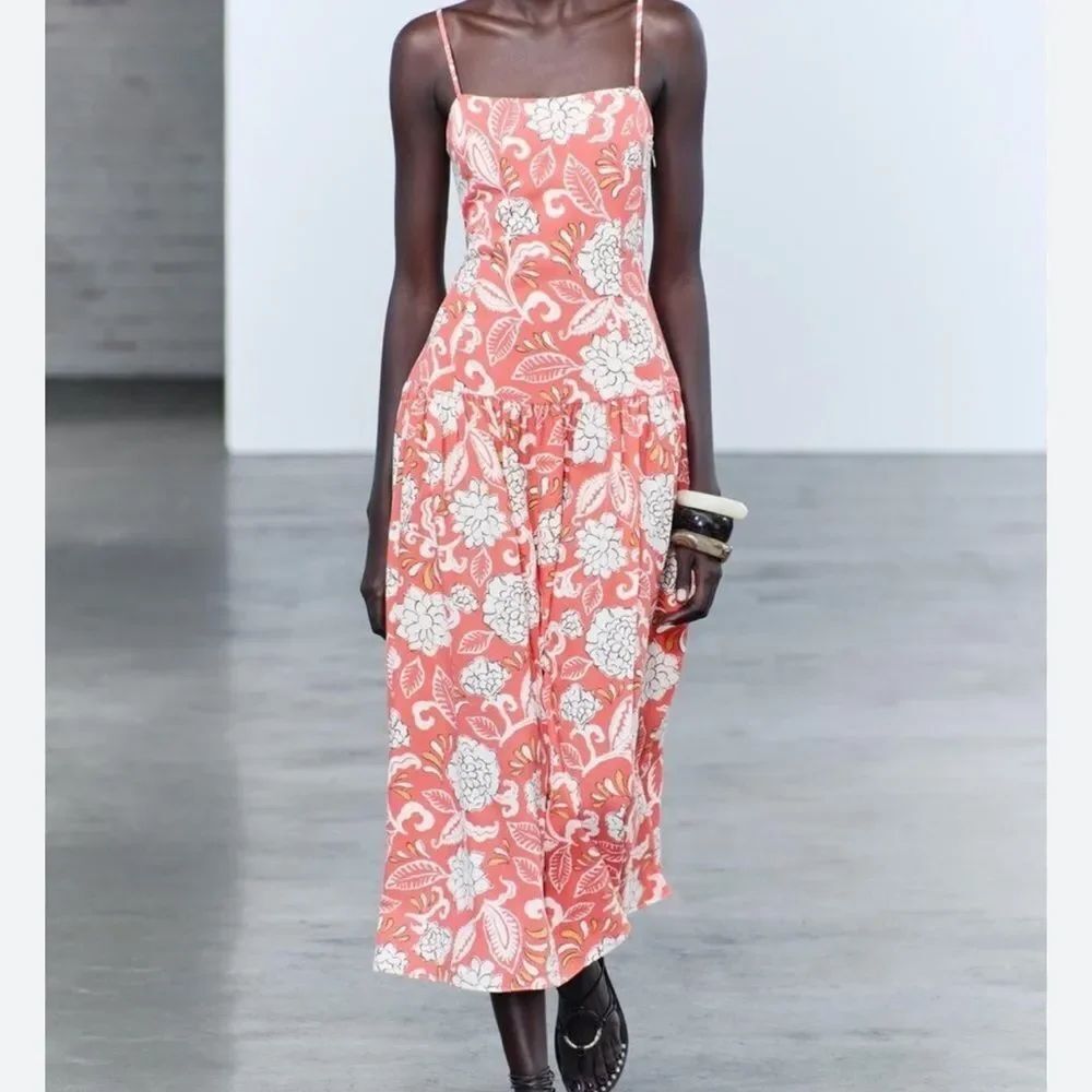 Zara Womens Midi A-Line Dress M Red White Floral Beach 2183/065 NWT